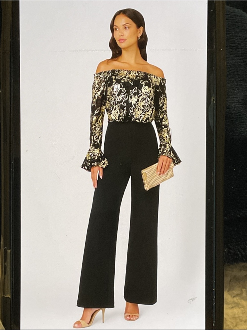Adrianna Papell - Off-Shoulder Floral Blouse & Black Wide-Leg Pants Jumpsuit